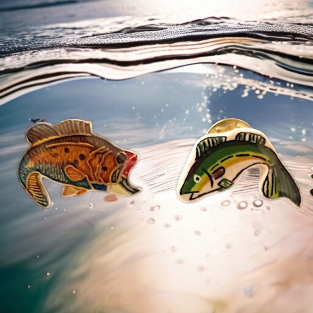 2 Vintage Fishing Hat Pins Lapel Tie Tacks Large Mouth Bass Bassmaster Fishing